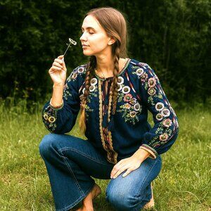 Love Sam Womens Hippie Top Small Navy/ Colored Flowers BOHO Embroidered